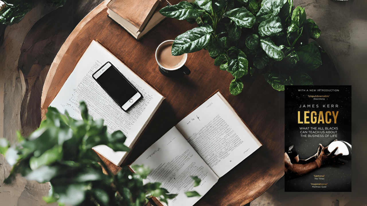 Top view: cozy wooden table with open book, smartphone, coffee cup, leafy plants; Legacy by James Kerr with dark cover nearby.