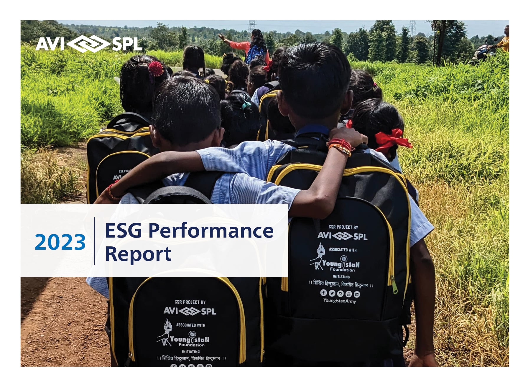 Children with AVI SPL backpacks walk happily on a green path, featuring the ESG Performance Report 2023.