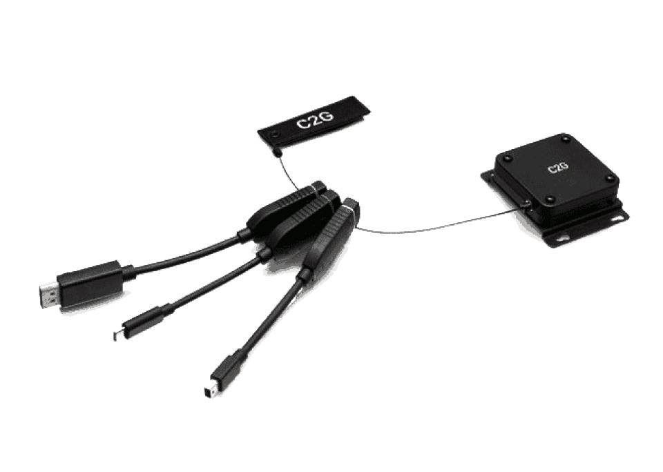 C2G adapter: USB, HDMI, +2 connectors. Small black box with C2G tag via wire for versatile electronic connections.