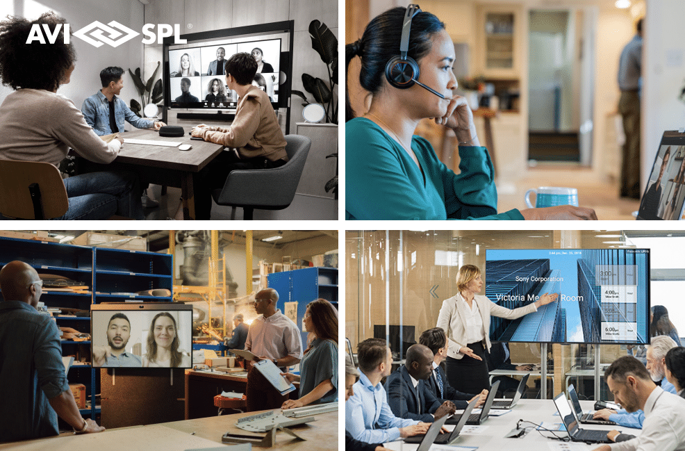 Sure, heres a concise description: Collage: video call in office, woman with headset, team workshop with screen, business meeting with data display.