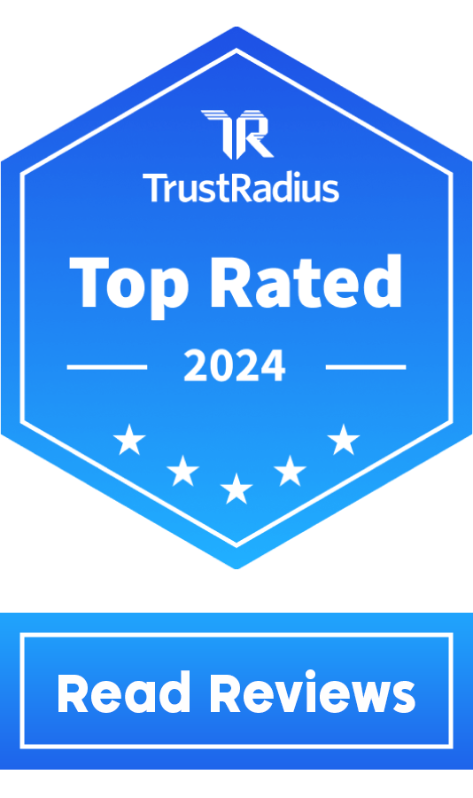 Keep the Blue badge featuring the TrustRadius logo and Top Rated 2024 with five stars underneath. A button at the bottom says Read Reviews..