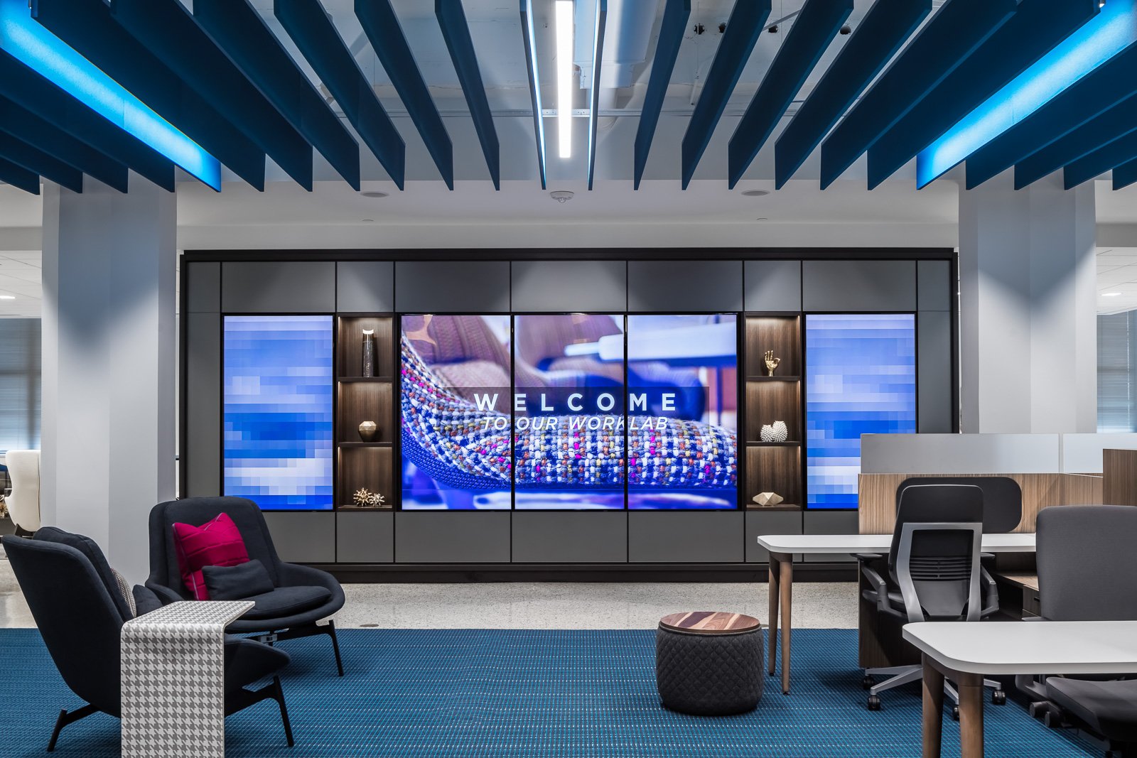 Open lobby with large LCD panels