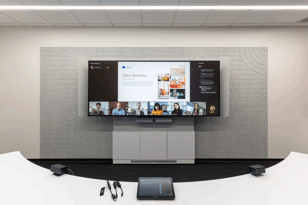 Medium-sized Signature Microsoft Teams Room view from desk of the room display.