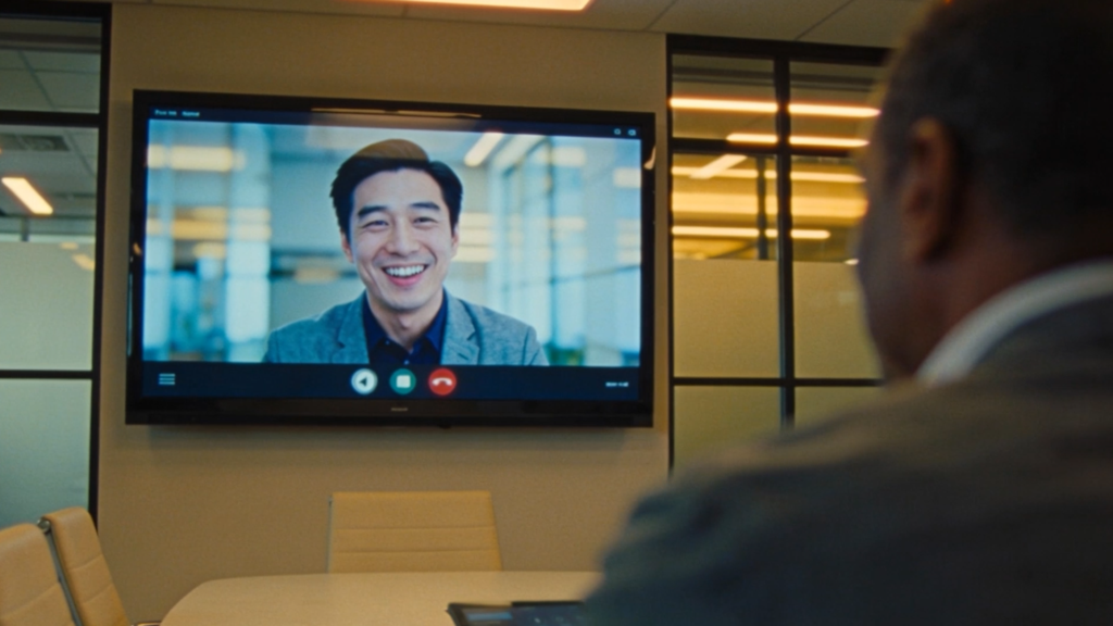Over the shoulder view of man talking with a coworker on screen during a hybrid meeting